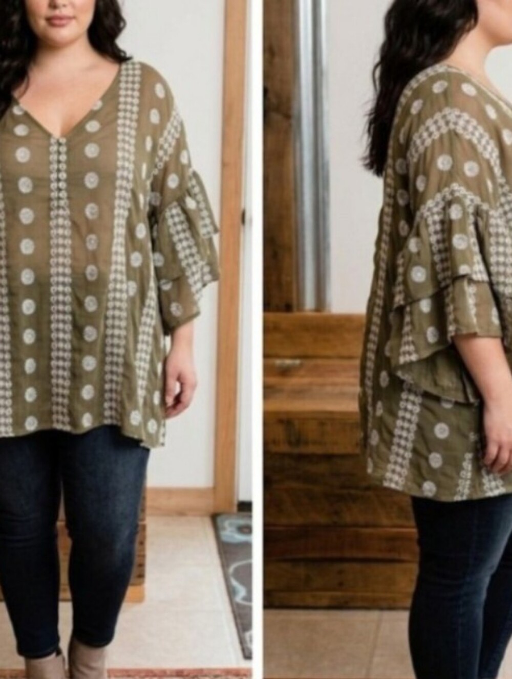 Cato 2-Piece Sheer Embroidered Flutter Sleeve V-Neck W/ Matching Cami